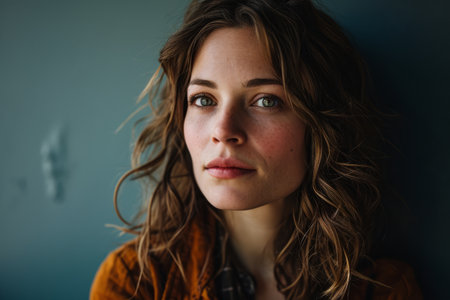 portrait of a beautiful young woman with long wavy hairの素材