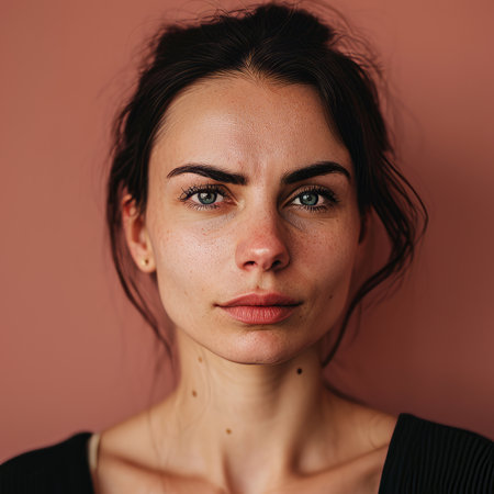 portrait of a young woman with freckles on her face against a pink backgroundの素材