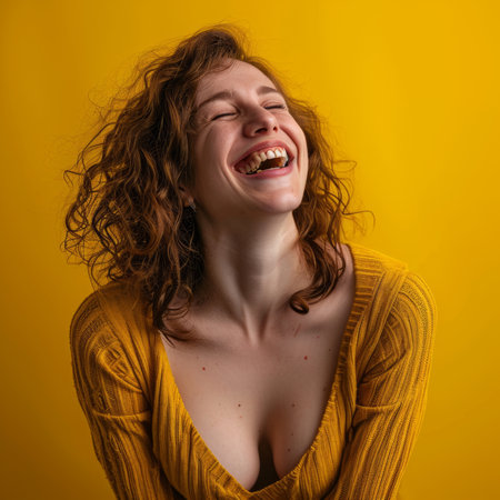 portrait of a laughing woman on yellow background stock photoの素材