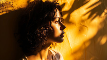 portrait of a young woman with curly hair against a yellow wallの素材
