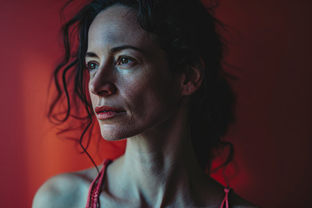 portrait of a woman in a red top against a red backgroundの素材