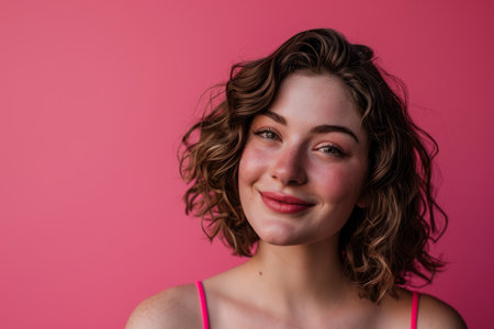 beautiful young woman with curly hair on pink backgroundの素材