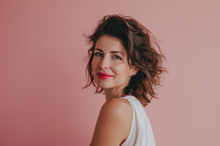 beautiful woman with short hair and red lipstick on pink backgroundの素材