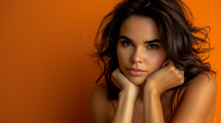 beautiful young woman with dark hair posing against an orange backgroundの素材
