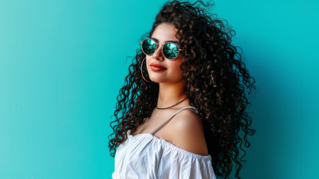 beautiful young woman with curly hair and sunglasses on a turquoise backgroundの素材
