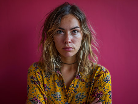 a woman with short hair and a floral shirt against a pink wallの素材