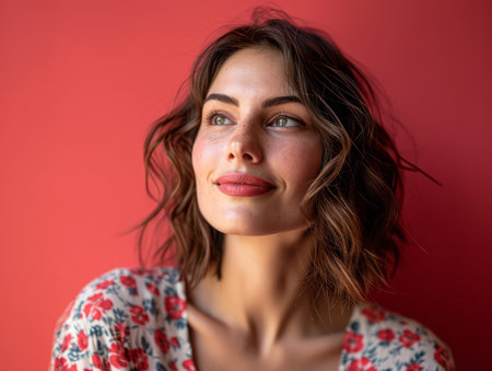 portrait of a beautiful young woman on a red background stock photoの素材