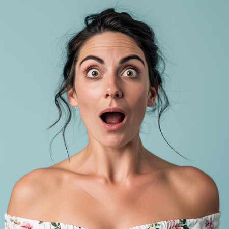 portrait of a surprised woman with open mouth isolated on blue background stock photoの素材