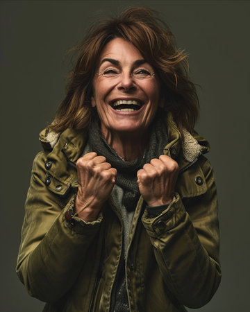 an older woman with her arms up and a smile on her faceの素材