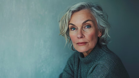 an older woman with gray hair sitting in front of a blue wallの素材