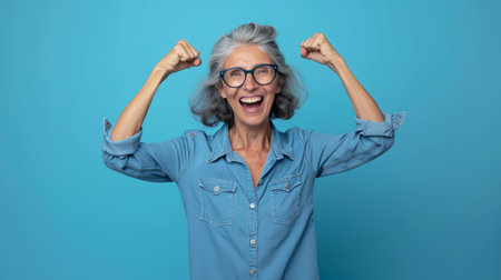 an older woman with glasses and a blue shirt is raising her armsの素材