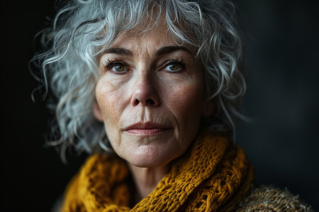 an older woman with gray hair and a yellow scarfの素材