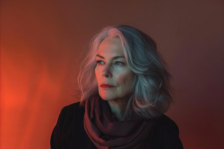 an older woman with gray hair and a scarfの素材