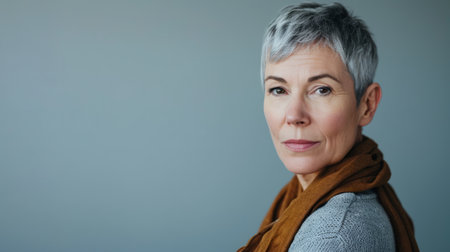 an older woman with gray hair and a scarfの素材