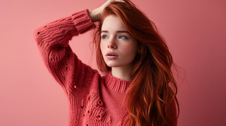 a young woman with red hair posing against a pink backgroundの素材