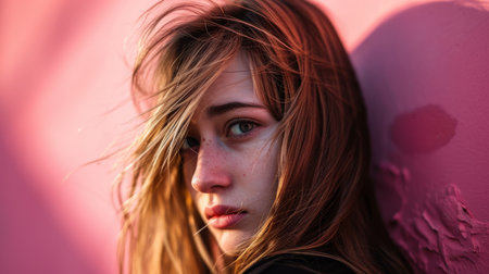a young woman with long hair leaning against a pink wallの素材