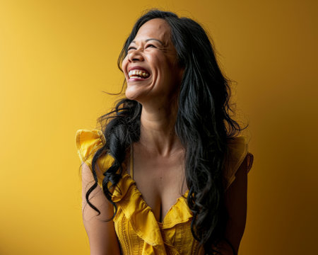 an asian woman in a yellow dress laughingの素材