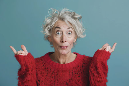 an older woman in a red sweater making a gesture with her handsの素材
