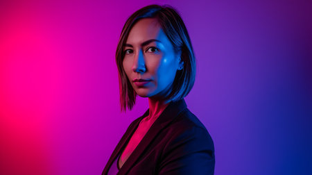 an asian woman in front of a pink and blue lightの素材