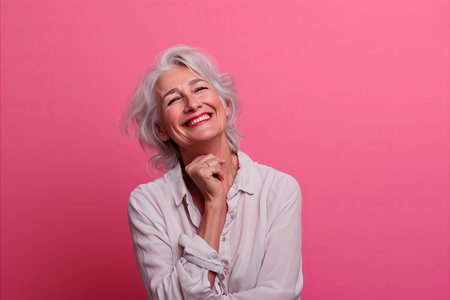 an older woman smiling and looking up at the camera on a pink backgroundの素材