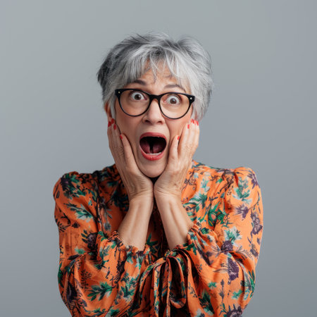 an older woman with glasses and a shocked expressionの素材