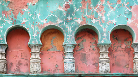 an ornate wall with columns and arches painted pink and turquoiseの素材