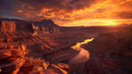 the sun sets over a canyon and river in arizonaの素材