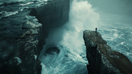 a man standing on the edge of a cliff looking at the oceanの素材