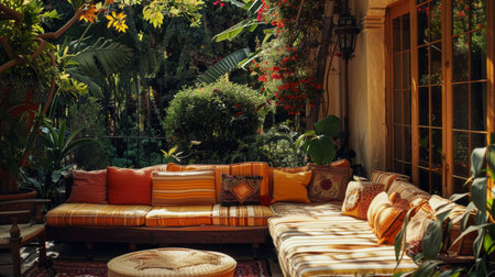 an outdoor patio with colorful cushions and plantsの素材