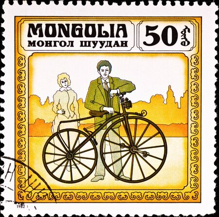 MONGOLIA - CIRCA 1982: postage stamp shows vintage bicycle, circa 1982の写真素材