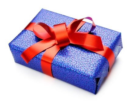 blue gift box with red bow isolated on whiteの写真素材
