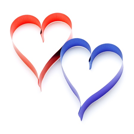 two heart shaped ribbons isolated on whiteの写真素材