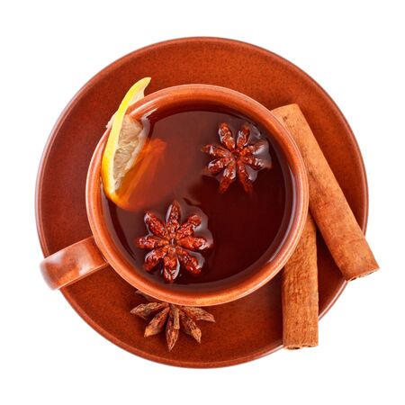 cup of tea with cinnamon sticks and star aniseの写真素材