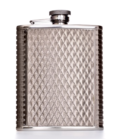 gray metal flask isolated on white backgroundの写真素材