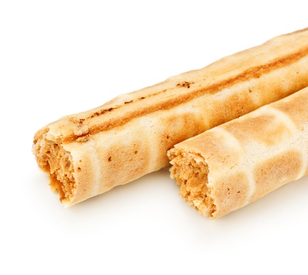 cream wafer rolls isolated on white backgroundの写真素材