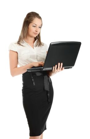 young businesswoman with laptop, isolated on whiteの写真素材