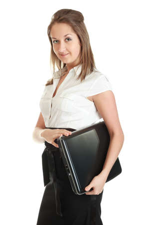 young businesswoman with laptop, isolated on whiteの写真素材