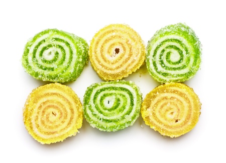 spiral marmalade sweets isolated on white backgroundの写真素材