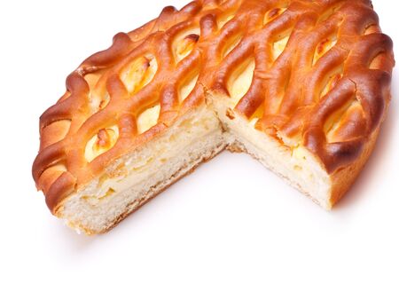 pie with curds filling isolated on whiteの写真素材