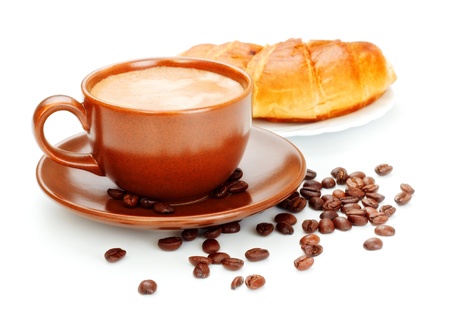 fresh coffee cup and croissant isolated on white backgroundの写真素材