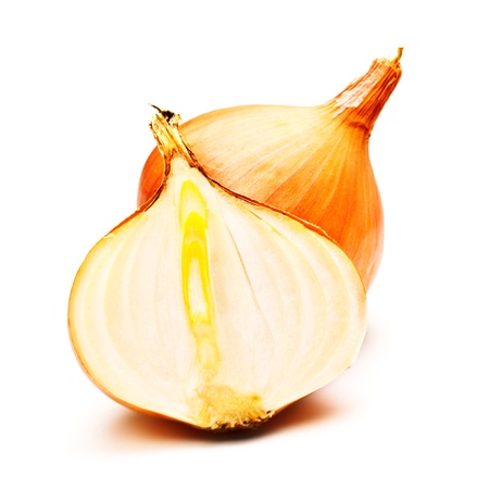 two yellow onions isolated on white backgroundの写真素材