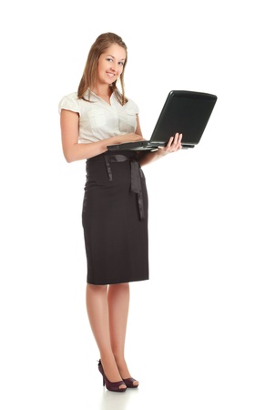 young businesswoman with laptop, isolated on whiteの写真素材