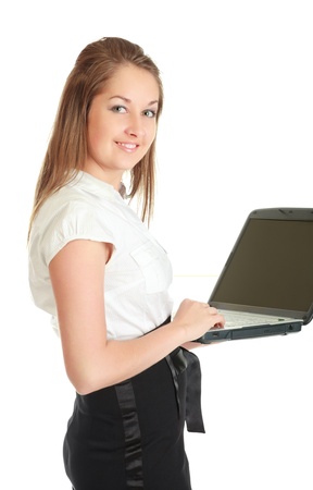 young businesswoman with laptop, isolated on whiteの写真素材