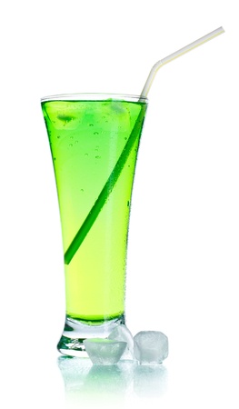 glass of soda with ice isolated on whiteの写真素材