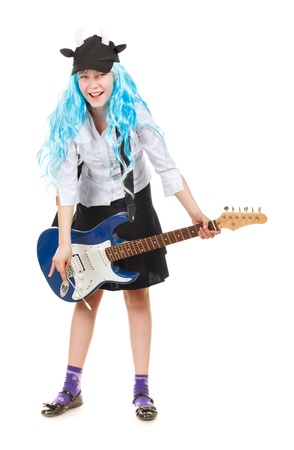teenager girl rockstar in blue wig, isolated on whiteの写真素材