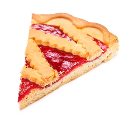 pie slice with cherry jam isolated on whiteの写真素材