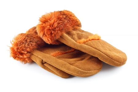 fur suede mittens isolated on white backgroundの写真素材