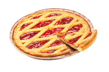 sliced pie with cherry jam isolated on whiteの写真素材