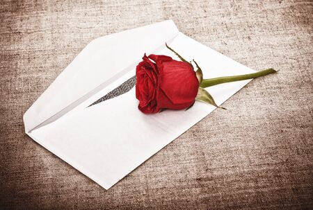 red rose on old canvas and blank envelope, templateの写真素材