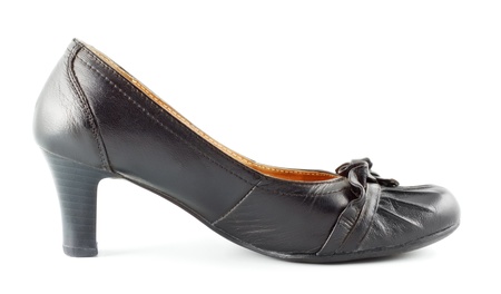 black leather female shoes on grey backgroundの写真素材